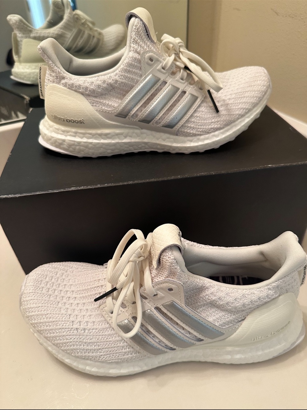 adidas White Knit Boost with Silver Stripes - Game of thrones edition